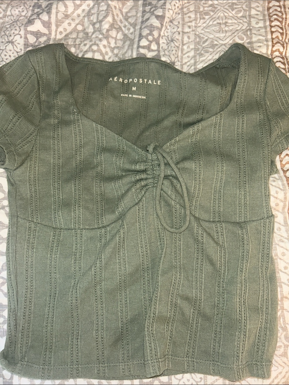 Aeropostale Olive Knit Tie-Front Short Sleeve Top